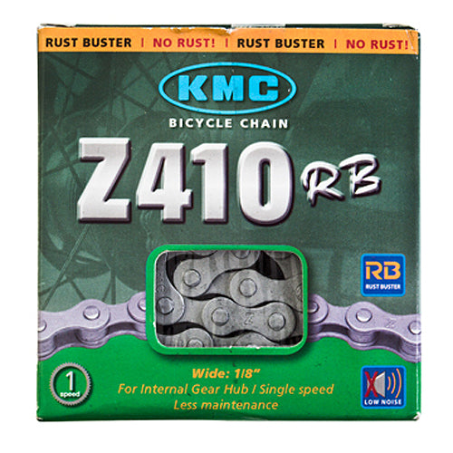 Box of 112 Link 1/2 x 1/8 Rust Buster Bike Chain with Master Link, featuring a close-up of the chain's durable anti-rust coating and included master link for easy installation.