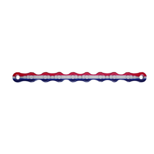 112 Link 1/8 Red White & Blue Tricolor Bike Chain with Master Link by KMC, featuring extra thick side plates for strength and reduced stretch, perfect for single speed and electric bikes.