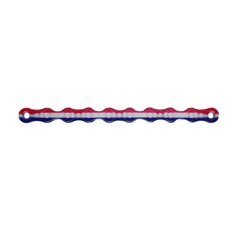 112 Link 1/8 Red White & Blue Tricolor Bike Chain with Master Link by KMC, featuring extra thick side plates for strength and reduced stretch, perfect for single speed and electric bikes.