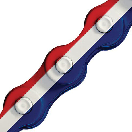 Close-up of the 112 Link 1/8 Red White & Blue Tricolor Bike Chain with Master Link, featuring a robust design with visible red, white, and blue stripes.