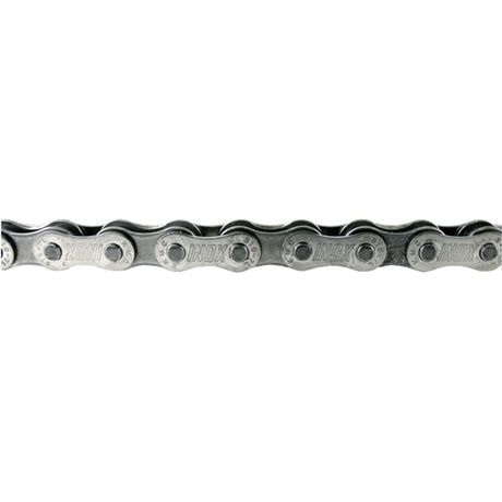 114 Link 1/8 Stainless Steel Bike Chain with Master Link, showing a close-up of the durable metal links designed for single-speed bicycles and e-bikes, ideal for harsh weather conditions.