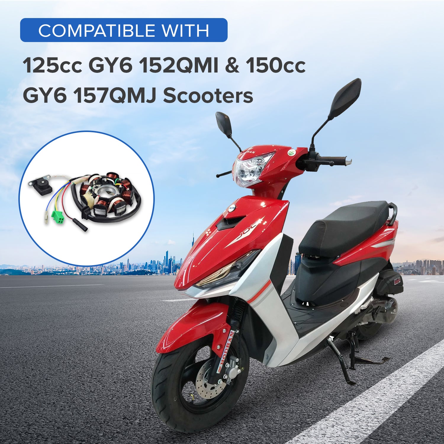 8 Coil Magneto Stator with 3+2 Wiring Connector for 125cc GY6 152QMI & 150cc GY6 157QMJ Scooters