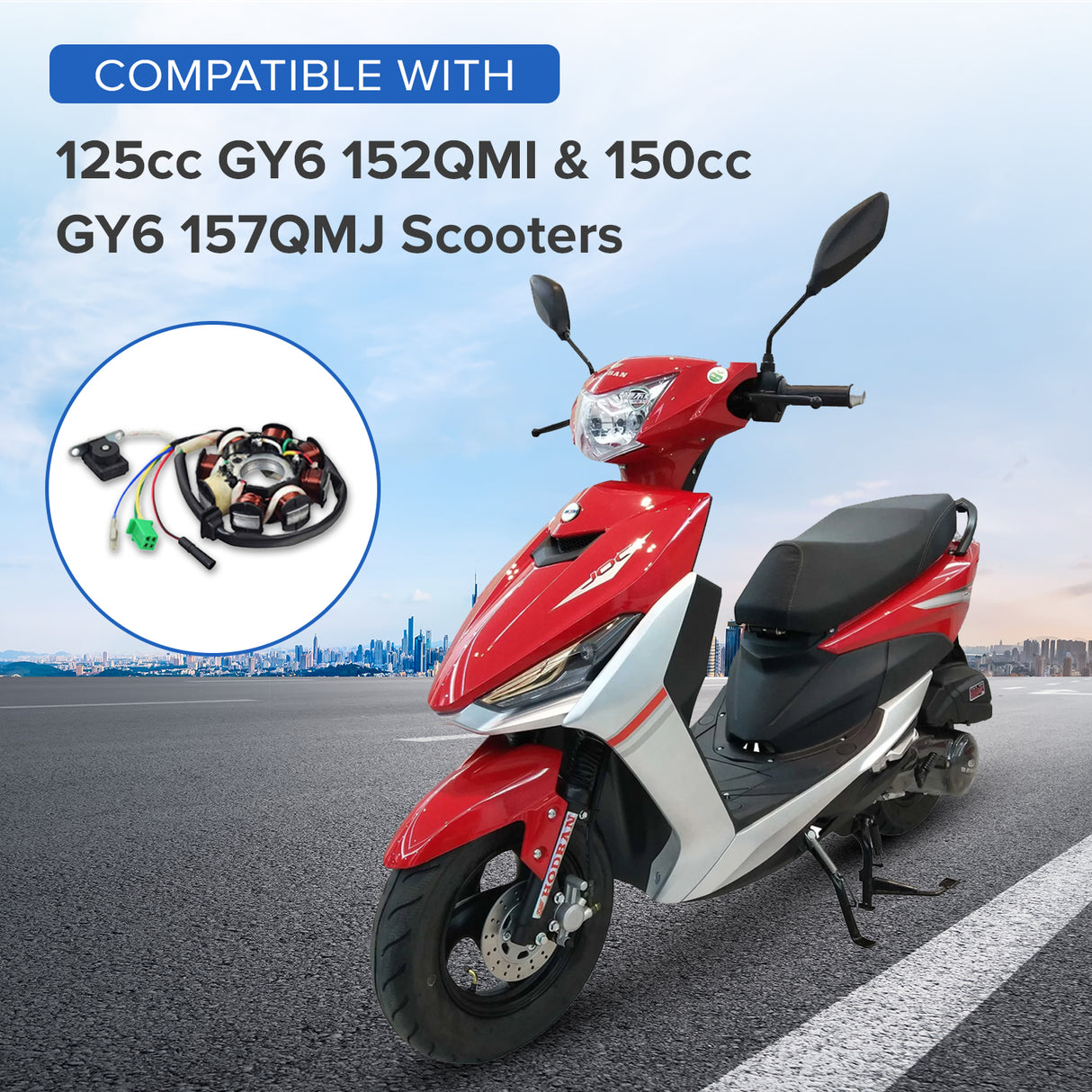 8 Coil Magneto Stator with 3+2 Wiring Connector for 125cc GY6 152QMI & 150cc GY6 157QMJ Scooters