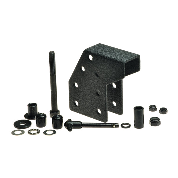 Mounting Bracket Assembly for 11-5/8 Foot Platform on Jazzy Power Chairs, featuring a black metal corner with bolts, nuts, and holes, designed for secure attachment and compatibility with Jazzy 1101 and 1121 models.