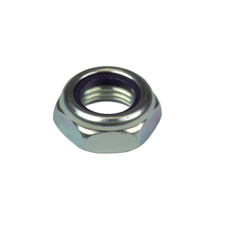 1/2-20 Zinc-Plated Jam Lock Nut (NUTNJAM1018), a close-up showing the metal nut's threading and smooth, rounded edges, essential for various power chair components like caster forks and axles.