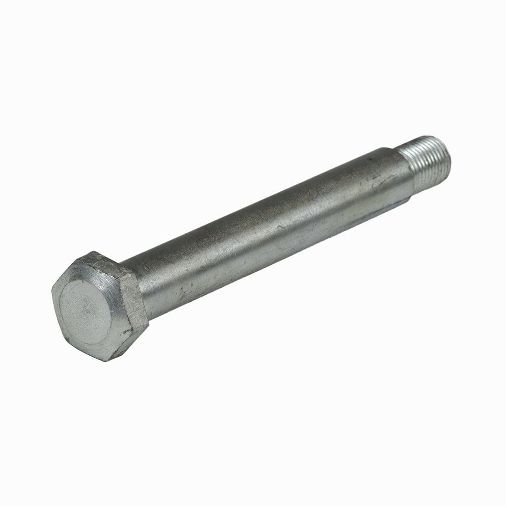 Close-up of a 1/2-20x4.82 hex head axle bolt (DWR9935B013) with a 4-1/4 unthreaded shaft and 5/8 threaded section, designed for Pride Mobility scooters' front axle.