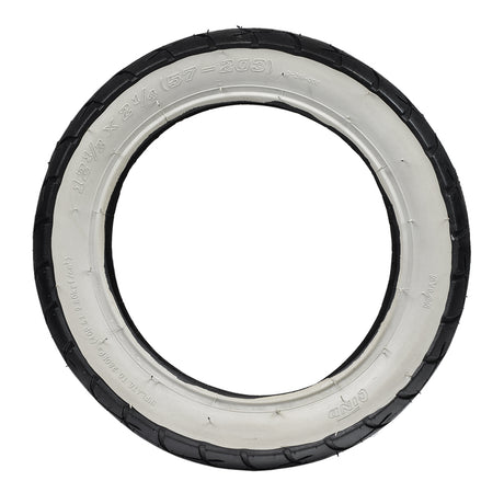 12-1/2x2-1/4 (57-203/62-203) Whitewall Scooter Tire with Q211 Tread, close-up showing black and white tire with visible logo and slight cosmetic blemishes on the whitewall.