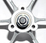 Close-up of a 12-1/2 x 2-3/4 front wheel assembly, showcasing the metal hub with three threaded holes, tire, tube, rim, and axle, suitable for replacing Razor MX350 front wheel assembly.