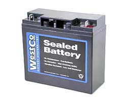 12 Volt 20 Ah (19 Ah Replacement) Scooter & Motorcycle Battery by WestCo Battery with a blue label and white text, highlighting its sealed, maintenance-free AGM technology and high CCA amperage.