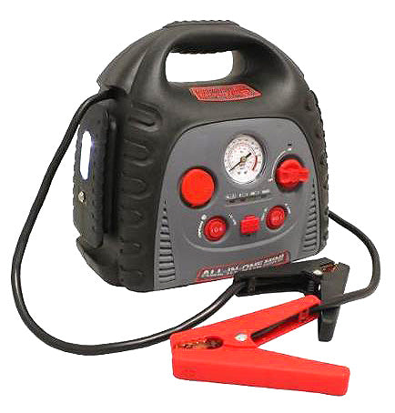 Adventure Power 84043 Battery Charger, Jump Starter, & Compressor with visible red buttons, LEDs, and a central ON/OFF switch, featuring neatly stored cables on a rugged polypropylene case.