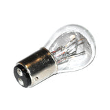 Close-up of a 12 Volt 21/5 Watt Taillight & Turn Signal Bulb for Scooters, showcasing its clear glass and filament details, suitable for various scooter models including Honda Elite 250 and many Chinese clones.