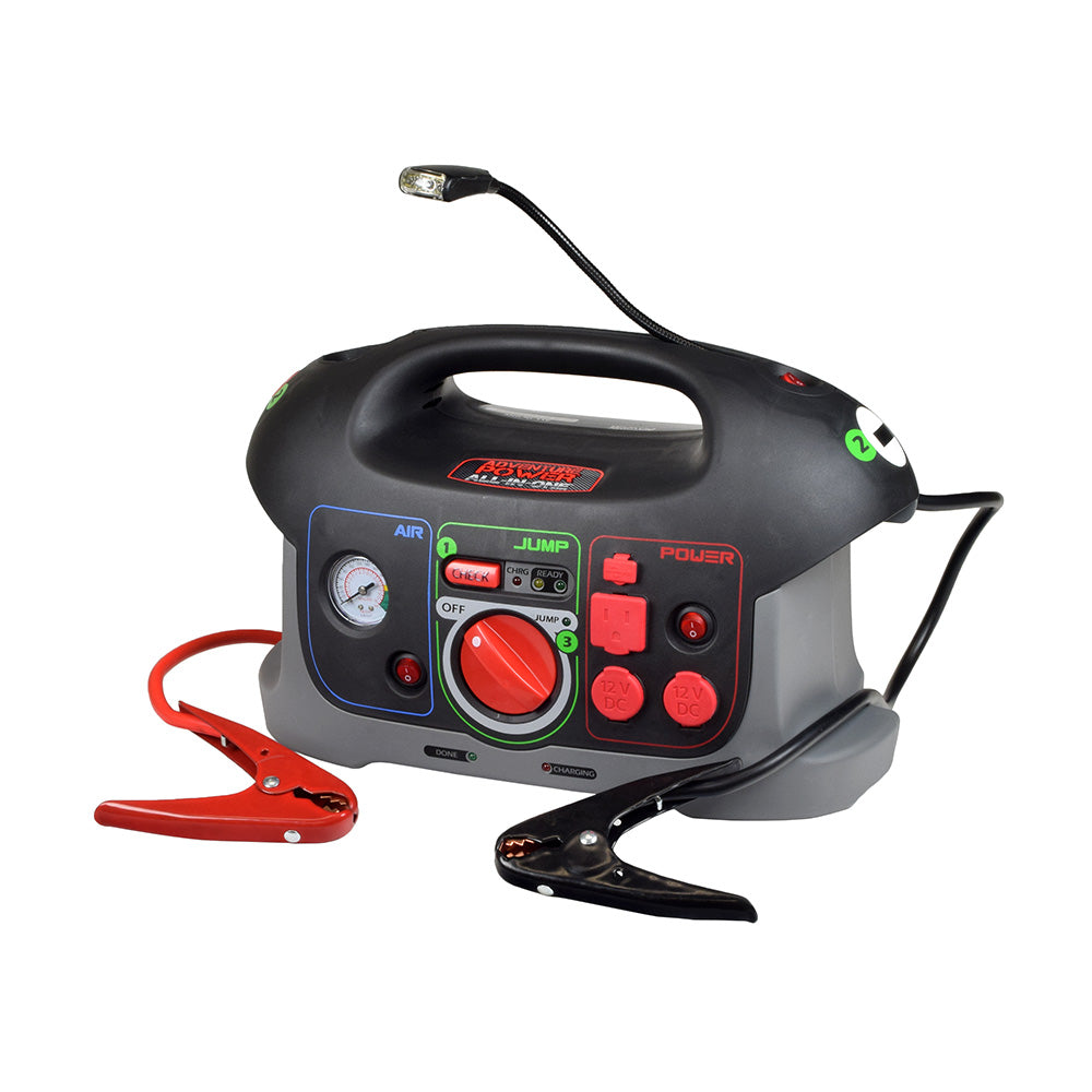 Adventure Power All-in-One 84039 Automobile Battery Charger, Jump Starter, & Air Compressor featuring a black and grey machine with red buttons and a red clamp, ideal for automotive power needs.