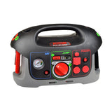 Adventure Power All-in-One 84039 Automobile Battery Charger, Jump Starter, & Air Compressor with red buttons, dials, and a gauge, designed for efficient, reliable automotive power and tire inflation.