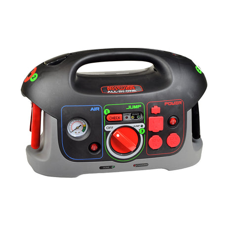 Adventure Power All-in-One 84039 Automobile Battery Charger, Jump Starter, & Air Compressor with red buttons, dials, and a gauge, designed for efficient, reliable automotive power and tire inflation.