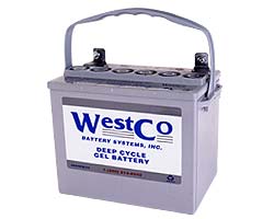 12 Volt Golf Caddy Battery, featuring a grey casing with a white label. This is an 8GU-1HW sealed gel battery, designed for reliability and efficiency in powering golf caddies.