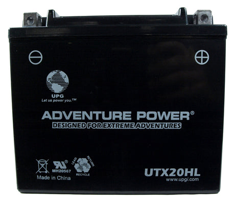 12 Volt 18 Ah UTX20HL (YTX20HL-BS Replacement) Sealed AGM Snowmobile Battery, featuring a black casing with white text, suitable for Ski-Doo, Polaris, Yamaha models, and other vehicles.