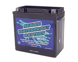 12 Volt 16CLB (YB16CLB & YTX20HL-BS-PW Replacement) Scooter & Motorcycle Battery featuring a black casing with a blue label, designed for various ATVs, jet skis, and personal watercraft.