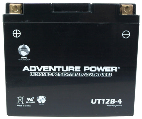 12 Volt UT12B-4 (YT12B Replacement) Sealed AGM Scooter & Motorcycle Battery with white text on a black body, designed for motorcycles and large scooters, offering maintenance-free, leak-proof, and vibration-resistant performance.