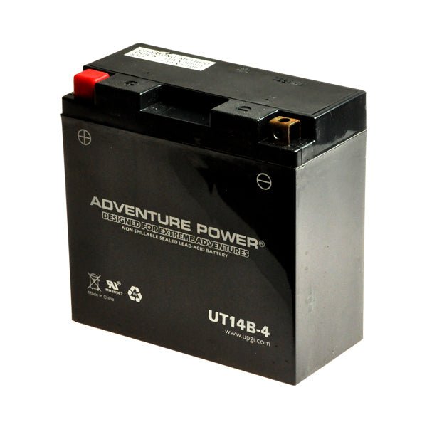 12 Volt UT14B-4 (YT14B Replacement) Sealed AGM Scooter & Motorcycle Battery with red and white text, showcasing a maintenance-free, leak-proof design ideal for Yamaha motorcycles.