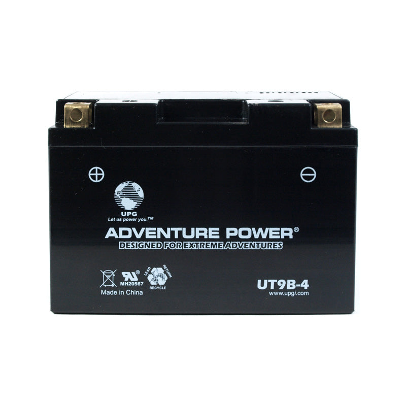 12 Volt YT9B Sealed AGM Scooter, ATV, and Dirt Bike Battery, featuring a black design with white text, ideal for Yamaha motorcycles, Vespa scooters, dirt bikes, and ATVs.