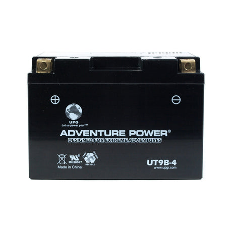 12 Volt YT9B Sealed AGM Scooter, ATV, and Dirt Bike Battery, featuring a black design with white text, ideal for Yamaha motorcycles, Vespa scooters, dirt bikes, and ATVs.