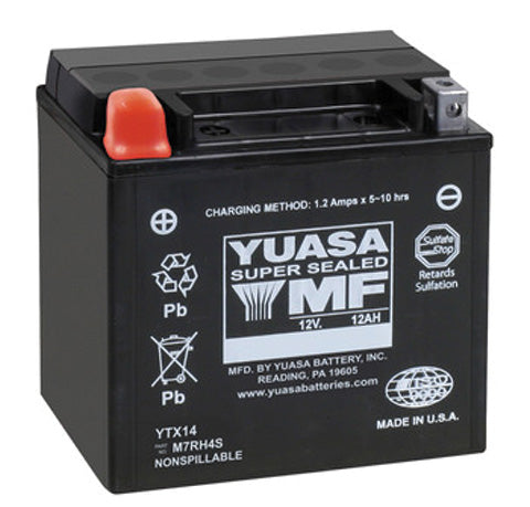 12 Volt YTX14 Sealed AGM Scooter, ATV, and Dirt Bike Battery, featuring a black casing with white text, ideal for reliable, maintenance-free performance in motorcycles.