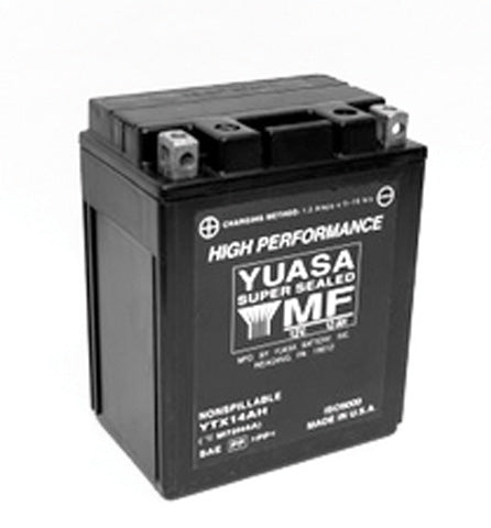 12 Volt YTX14AH Sealed AGM Scooter, ATV, and Dirt Bike Battery with white text label, showcasing maintenance-free design and high performance for scooters and motorcycles.