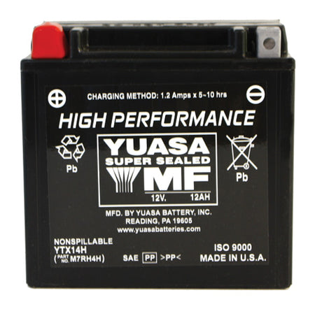 12 Volt YTX14H Sealed AGM Scooter, ATV, and Dirt Bike Battery with red terminals and a black and white label, designed for maintenance-free performance and enhanced durability in motorcycle applications.