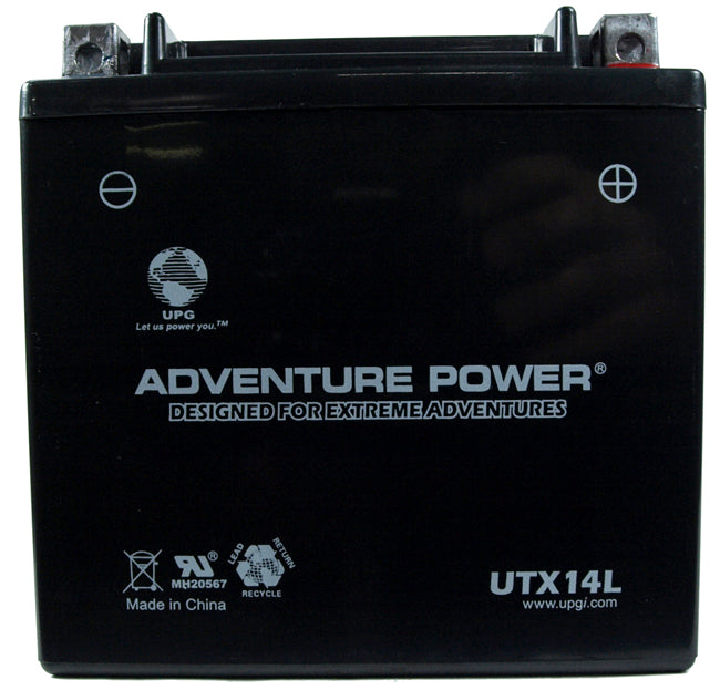 12 Volt UTX14L (YTX14L Replacement) Sealed AGM Scooter & Motorcycle Battery, featuring white text on a black surface, designed for Harley-Davidson 883cc and 1200cc XL, XLH (Sportster) motorcycles.