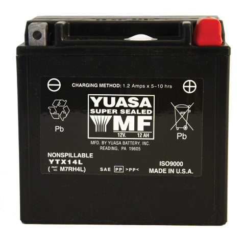 12 Volt YTX14L Sealed AGM Scooter, ATV, and Dirt Bike Battery, featuring a black casing with white text, designed for maintenance-free use and enhanced performance in motorcycles and scooters.