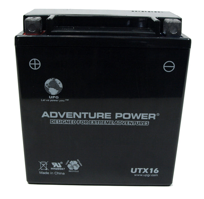 12 Volt UTX16 (YTX16 Replacement) Sealed AGM Scooter & Motorcycle Battery, featuring a black casing with clear white text, suitable for Suzuki 500cc ATV and Kawasaki motorcycles.