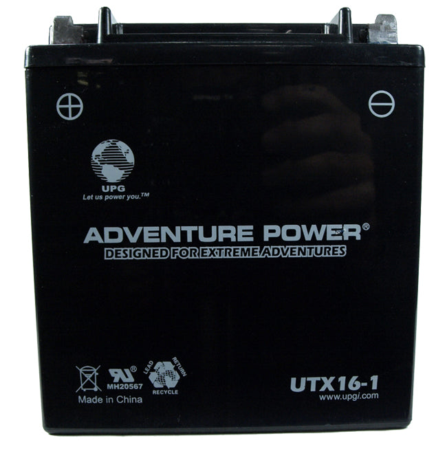 12 Volt UTX16-1 (YTX16-1 Replacement) Sealed AGM Scooter & Motorcycle Battery, black with white text, designed for maintenance-free, heat and vibration resistance, offering superior performance and longer shelf life.