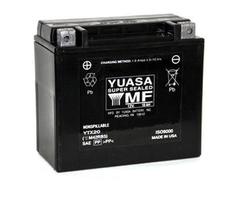 12 Volt YTX20 Sealed AGM Scooter, ATV, and Dirt Bike Battery with white text on the label, designed for maintenance-free use, high performance, and durability in motorcycles and other vehicles.