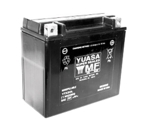 12 Volt YTX20L Sealed AGM Battery for Coleman Trail Tamer ATVs, featuring a compact black design with distinct white text, essential for reliable electric starting in your ATV.