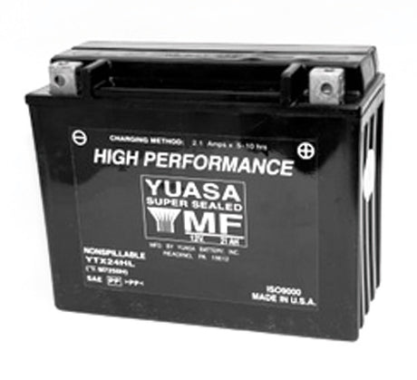 12 Volt YTX24HL Sealed AGM Scooter, ATV, and Dirt Bike Battery, featuring a black body with white text, illustrating Yuasa's advanced maintenance-free and leak-proof design for enhanced performance and longevity.