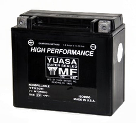 12 Volt YTX9 Sealed AGM Scooter, ATV, and Dirt Bike Battery by Yuasa, featuring a black casing with white text. Ideal for motorcycles, offering maintenance-free use and high performance with 12V, 8 Ah capacity.