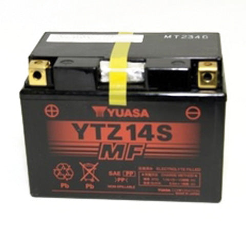 12 Volt YTZ14S Sealed AGM Scooter, ATV, and Dirt Bike Battery featuring a black casing with yellow tape, showcasing a close-up of the advanced maintenance-free design.