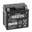 12 Volt YTZ7S Sealed AGM Scooter, ATV, and Dirt Bike Battery with white text on a black surface, showcasing Yuasa's maintenance-free, leak-proof, and high-performance design for enhanced durability and reliability.