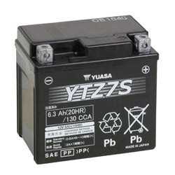 12 Volt YTZ7S Sealed AGM Scooter, ATV, and Dirt Bike Battery with white text on a black surface, showcasing Yuasa's maintenance-free, leak-proof, and high-performance design for enhanced durability and reliability.