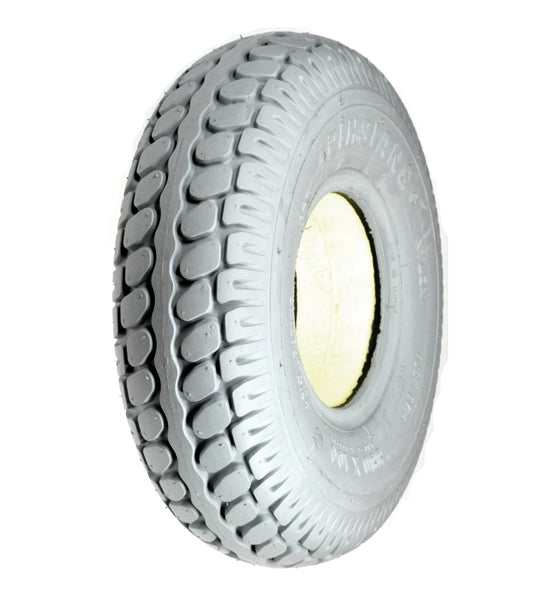 12x4 Foam-Filled Rear Tire for Invacare Panther MX-4, featuring a non-marking gray rubber with a yellow center, designed without an inner-tube for durability and ease of use.