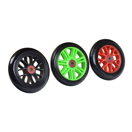 120 mm Front Wheel for the Razor PowerWing, PowerWing DLX, and PowerWing Sweet Pea, featuring a sturdy black tire with a colored rim, ready for installation with high-quality bearings.