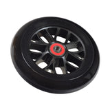 120 mm Front Wheel for the Razor PowerWing, PowerWing DLX, and PowerWing Sweet Pea, featuring a black tire with a red center, designed for steering with included bearings for easy installation.