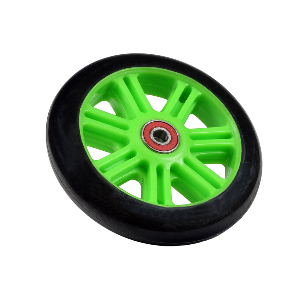 120 mm Front Wheel for the Razor PowerWing, PowerWing DLX, and PowerWing Sweet Pea, featuring a black tire and a green rim, ready for installation with two 608RS ABEC-9 bearings.