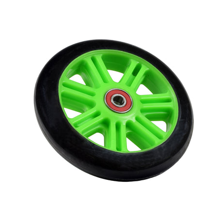 120 mm Scooter Wheel with Bearings, featuring a green rim and black tire, suitable for kick scooters and custom vehicles, arrives fully assembled with precision 608-2RS bearings.