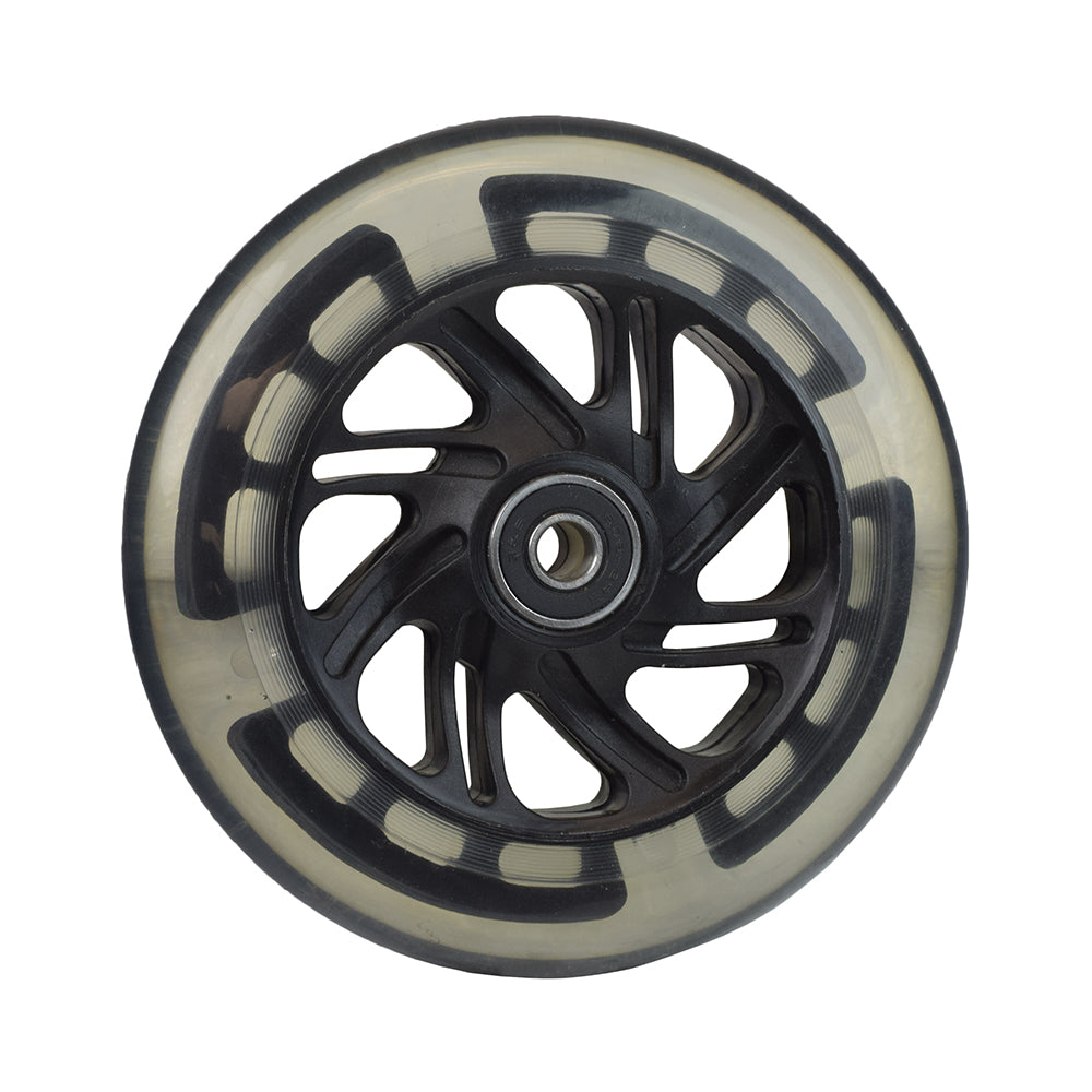 120 mm (5x1) Light-Up Caster Wheel with a black wheel and white rim. Designed for scooters and power wheelchairs, featuring ABEC-5 bearings and flashing red, green, and blue lights in the clear plastic tire.