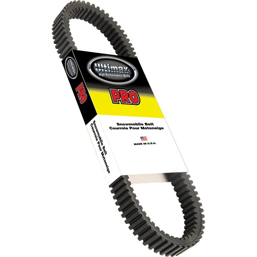 125-4320U4 Ultimax Pro Drive Belt for Snowmobiles by Carlisle, featuring a black belt with a yellow label for better clutch contact, reduced slippage, and enhanced performance.