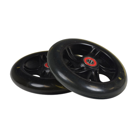 125 mm Front Wheels for the Micro Mini & Micro Maxi Kick Scooter (Set of 2). The image shows two black scooter wheels with red centers, essential for kick scooter stability and safety.