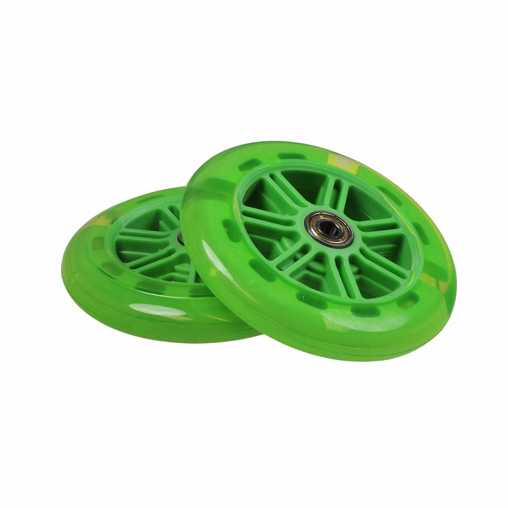 125 mm Front Wheels for the Micro Mini & Micro Maxi Kick Scooter (Set of 2) featuring close-up views of two green wheels, highlighting their durable construction and pre-installed ABEC-5 bearings.