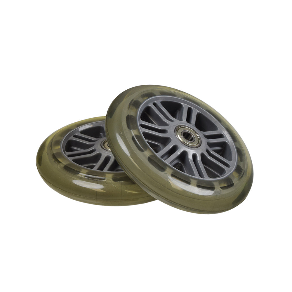 125 mm Razor A3 Kick Scooter Wheels with Bearings (Set of 2) featuring close-up views of two wheels, showcasing the 125 mm outer diameter and pre-installed 608ZZ or 608-2RS ABEC-5 bearings.