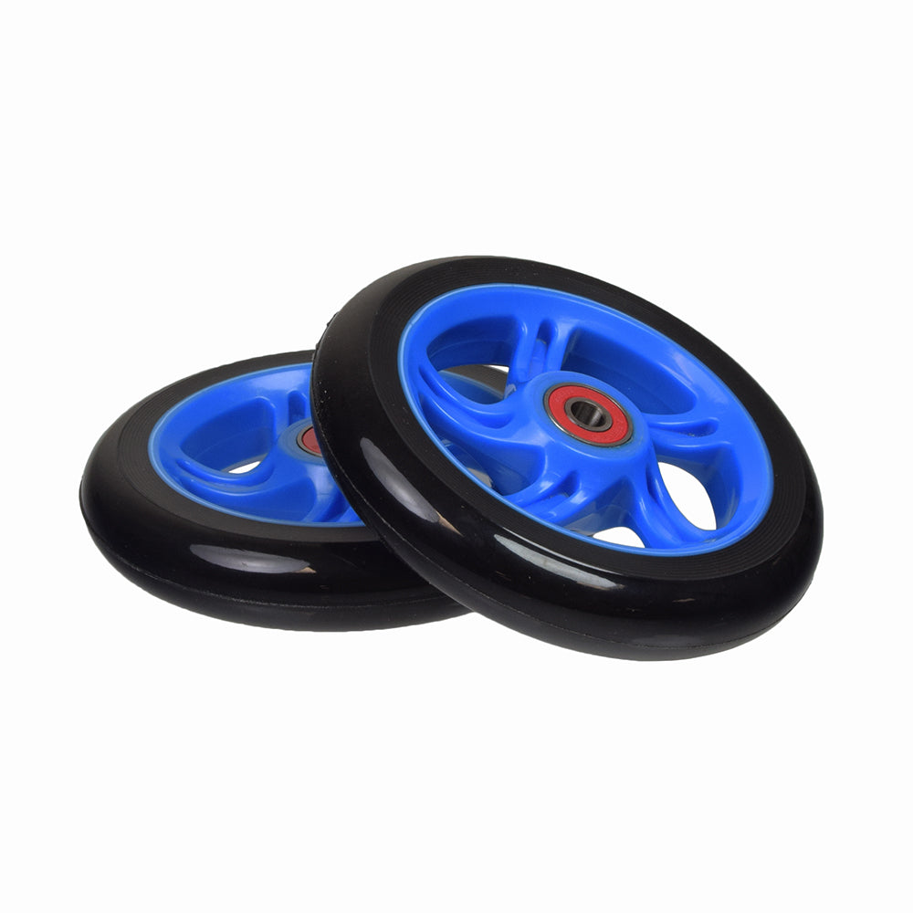 125 mm Razor A3 Kick Scooter Wheels with Bearings (Set of 2) showing blue and black wheels, complete with 608ZZ or 608-2RS ABEC-5 bearings, designed for Razor kick scooters.